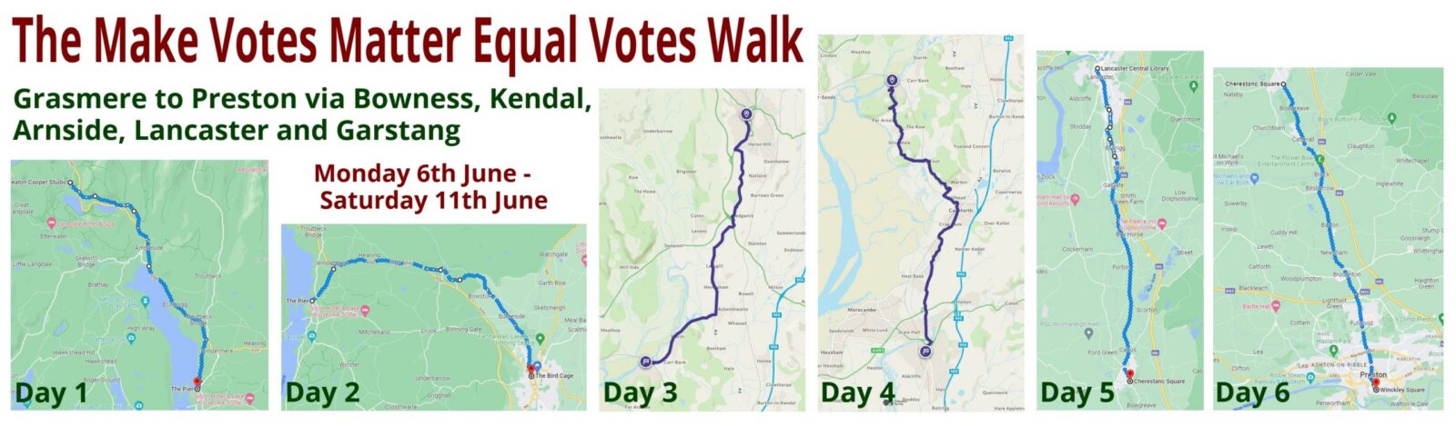 Daily route maps for the Equal Votes Walk from Grasmere to Preston 6-11 June 2022