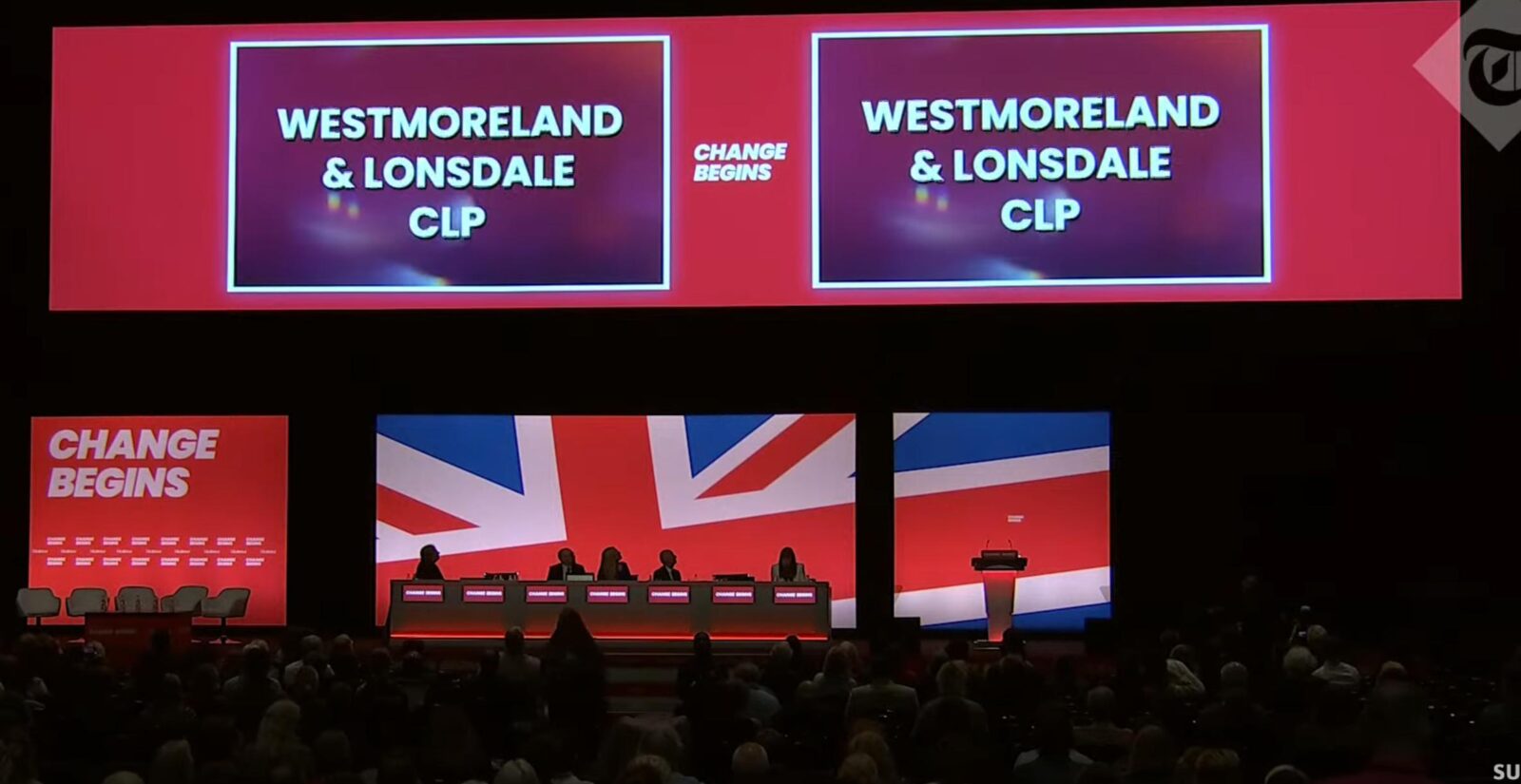 A view of the main stage at Labour Party conference held in Liverpool in September 2024, with Westmorland and Lonsdale CLP shown on large screens