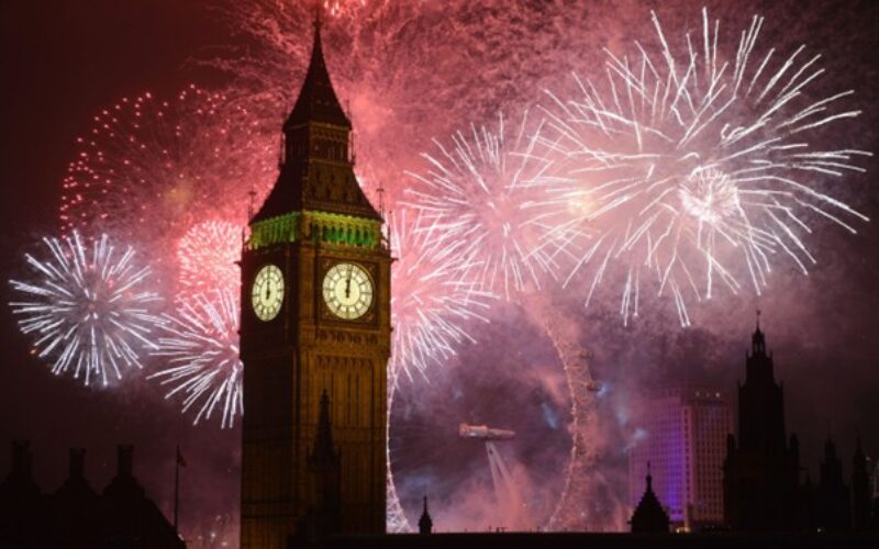 Fireworks around Big Ben in Westminster to celebrate the start of 2026